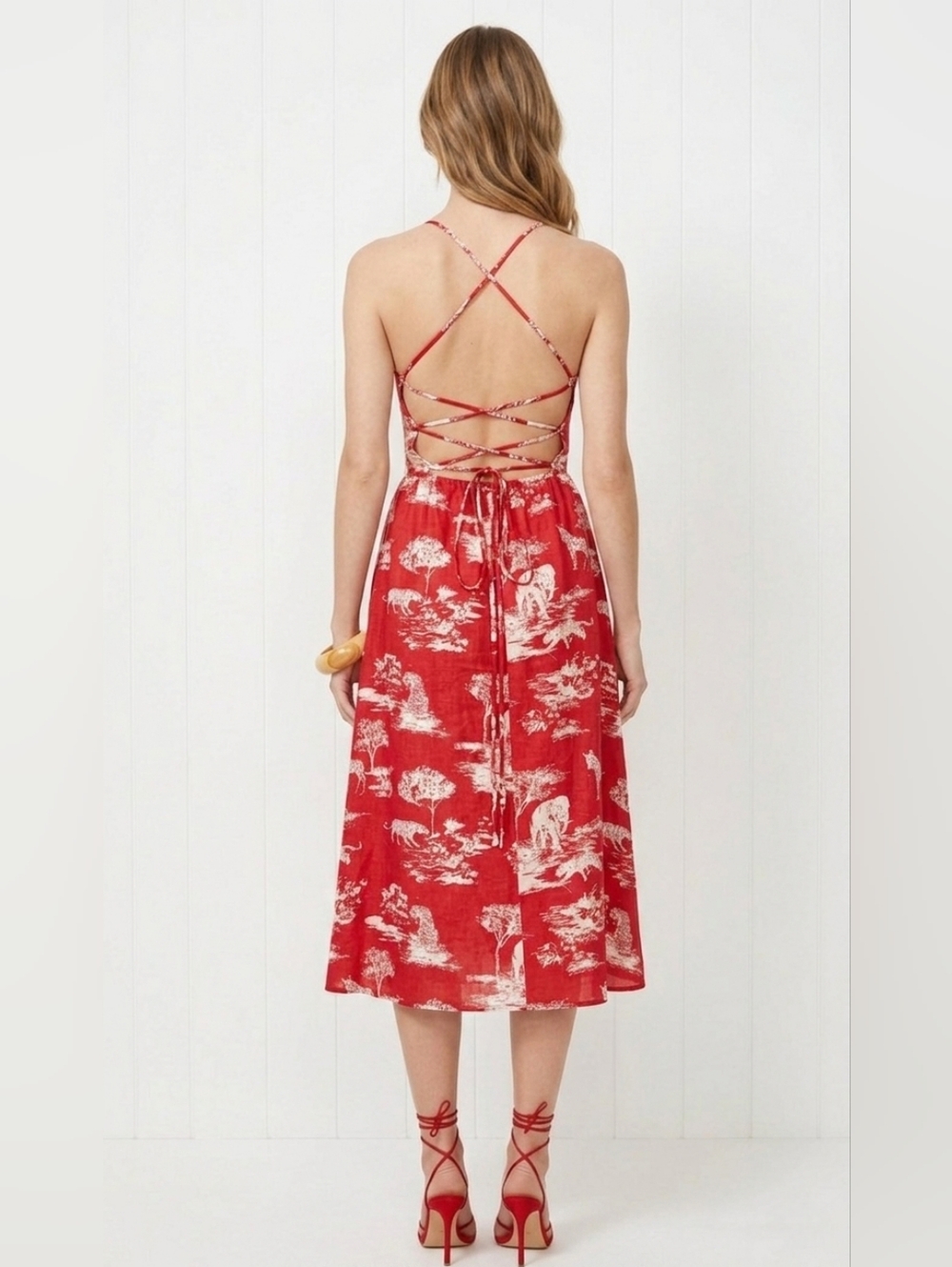 NWT Reformation Pepper in Wildlife Red White Linen Lace-up Back Midi Dress 2 - Picture 2 of 9